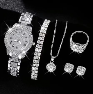 Quartz Watch Crystal Chain Jewelry Set: Classic Necklace, Earrings, Ring, & Bracelet Combo At An Unbeatable Price