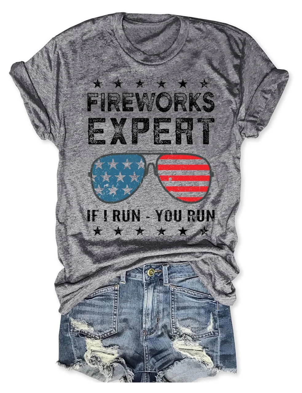 Fireworks Expert If I Run You Run American Flag Sunglasses T-Shirt