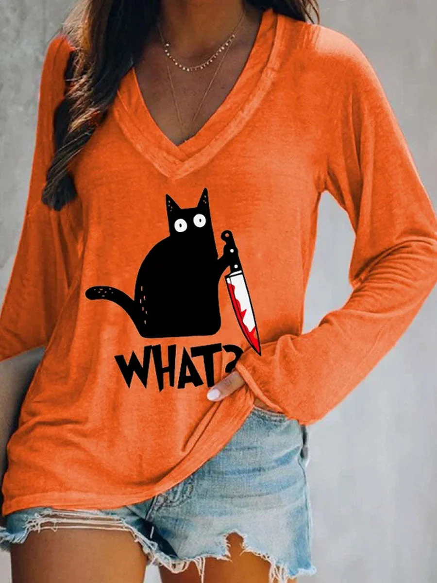 Halloween Fun Black Cat Print Double Layer V-Neck Long Sleeve T-Shirt