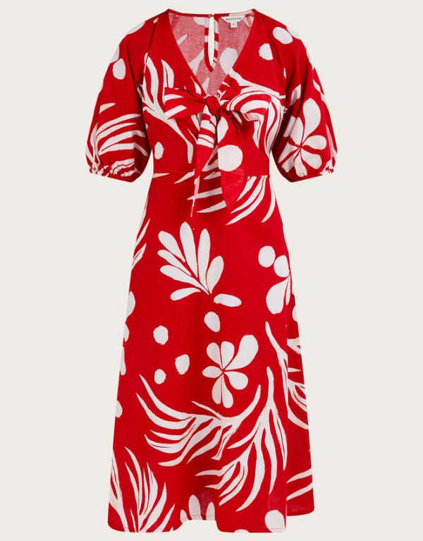 Monsoon Abstract Palm Print Tie Front Midi Dress Red - Image 5