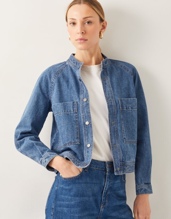 Monsoon Binky crop collarless denim jacket blue